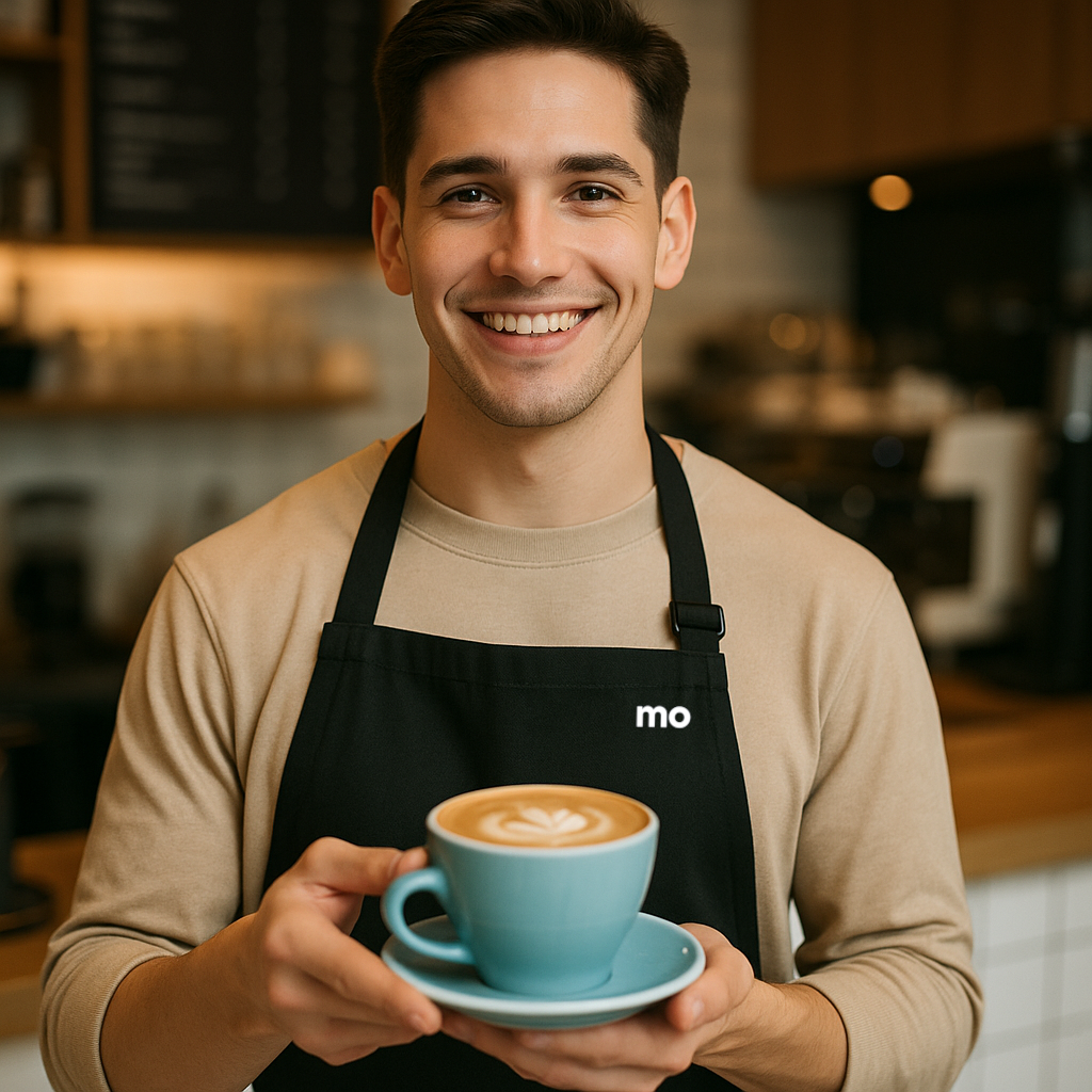 Mojo worker smiling with coffee